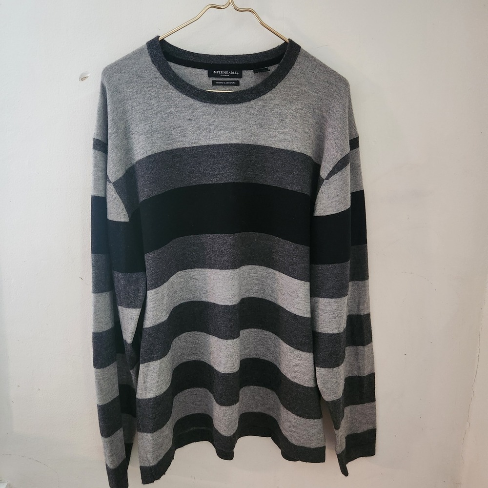 Impermeable Platinum Mens XXL Merino Cashmere Stripe Sweater Grey Black Crewneck